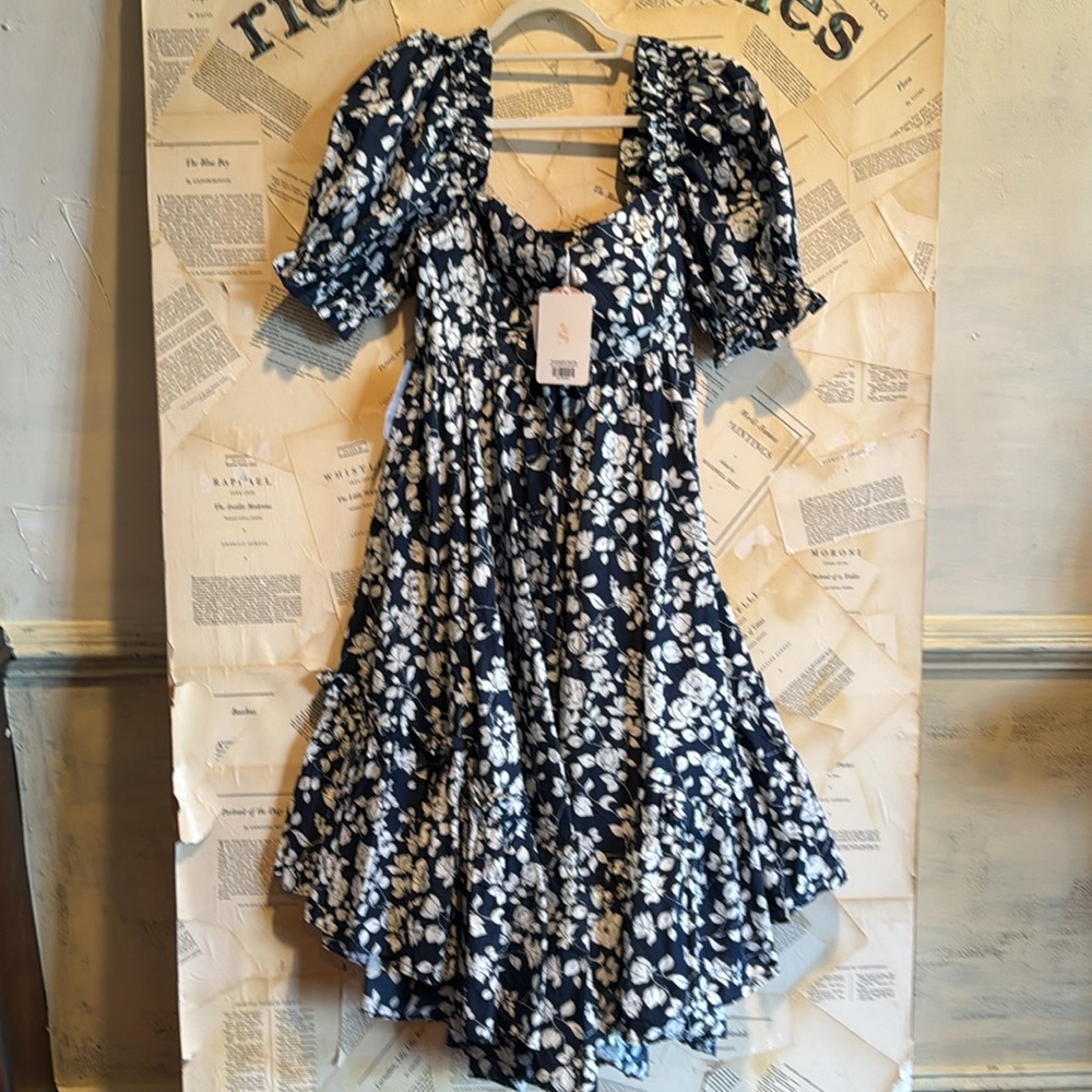 Free People Selkie French Ritz Midi Floral Dress Ruffle Buckingham Blue - Picture 11 of 11